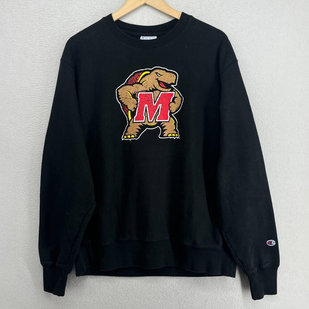 UNIVERSITY OF MARYLAND Sweatshirt Mens L CHAMPION Terrapins Reverse Weave Black
